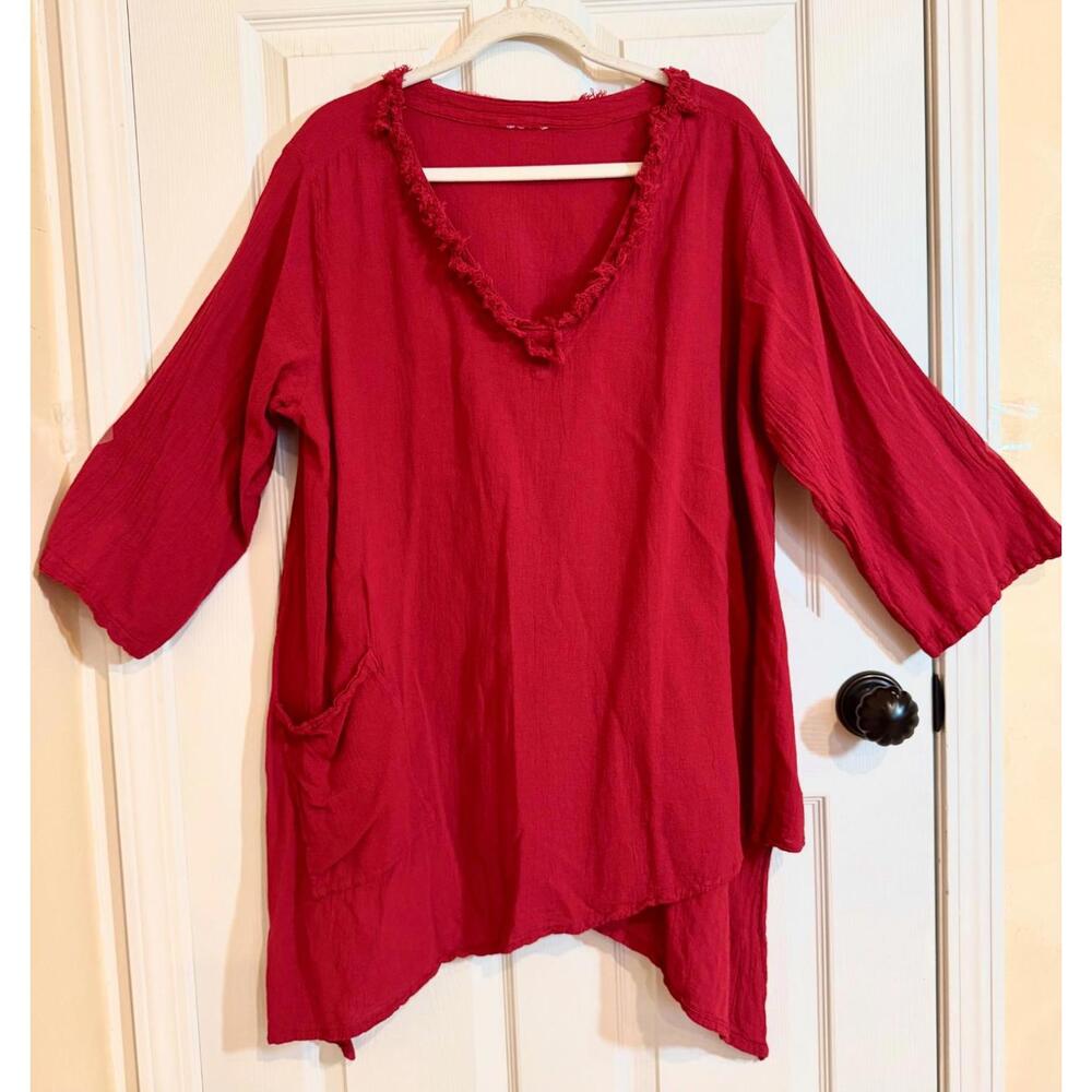 Cottonways Frayed V Neck Trim Asymmetric Hem Cotton Tunic Size 3 Red